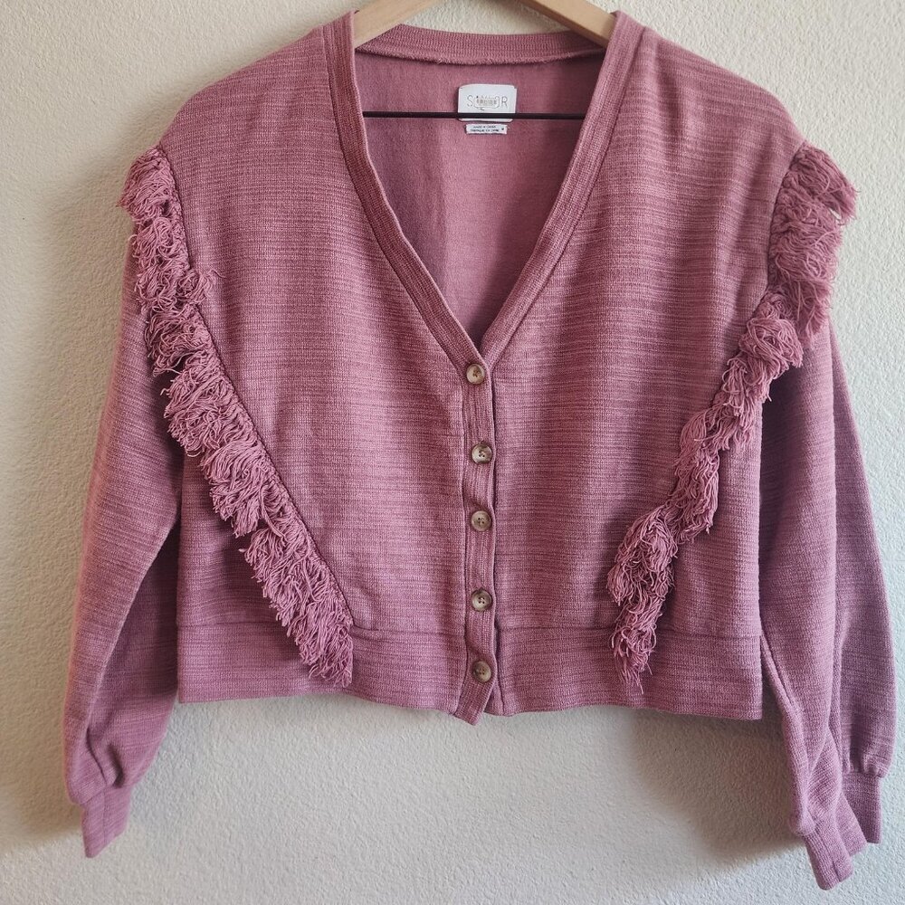 Saylor Sweater Womens Medium Purple Fringe Button Up Textured Boho Pullover Top